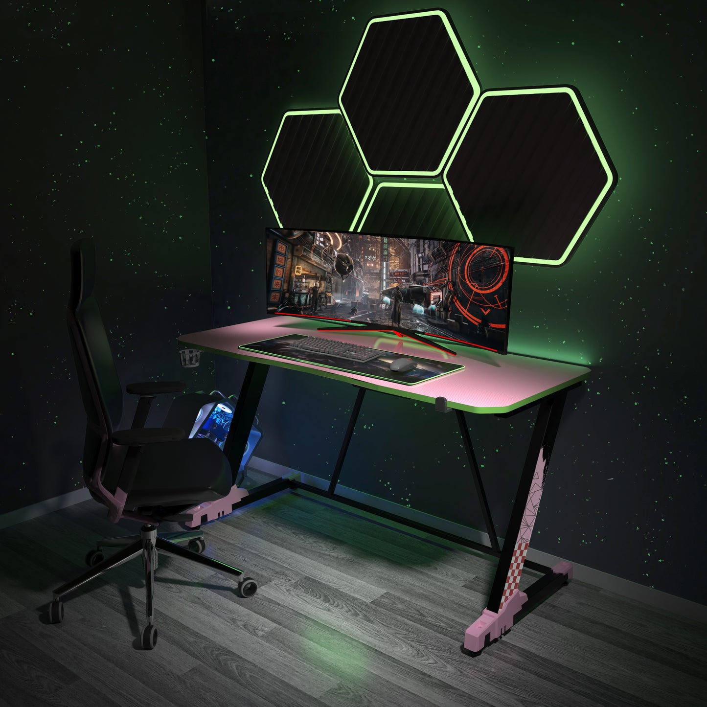 Destiny Gaming Desk 55 inch, Pink+Green -Z Shape