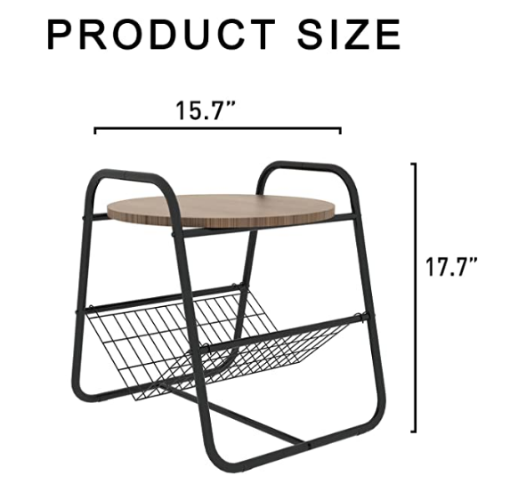 Side Table with Metal Storage Basket, Magazine Rack, Round Sofa End Tray