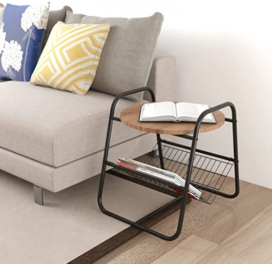 Side Table with Metal Storage Basket, Magazine Rack, Round Sofa End Tray