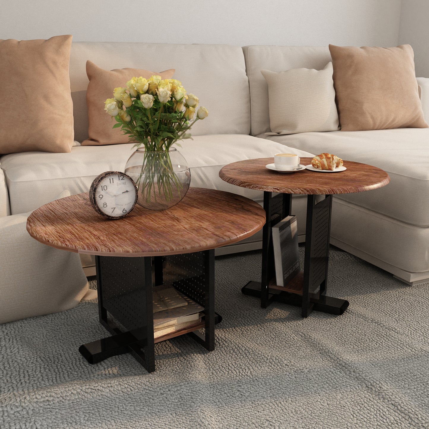 Wooden Nesting Coffee Table,Metal Frame Industrial End Table