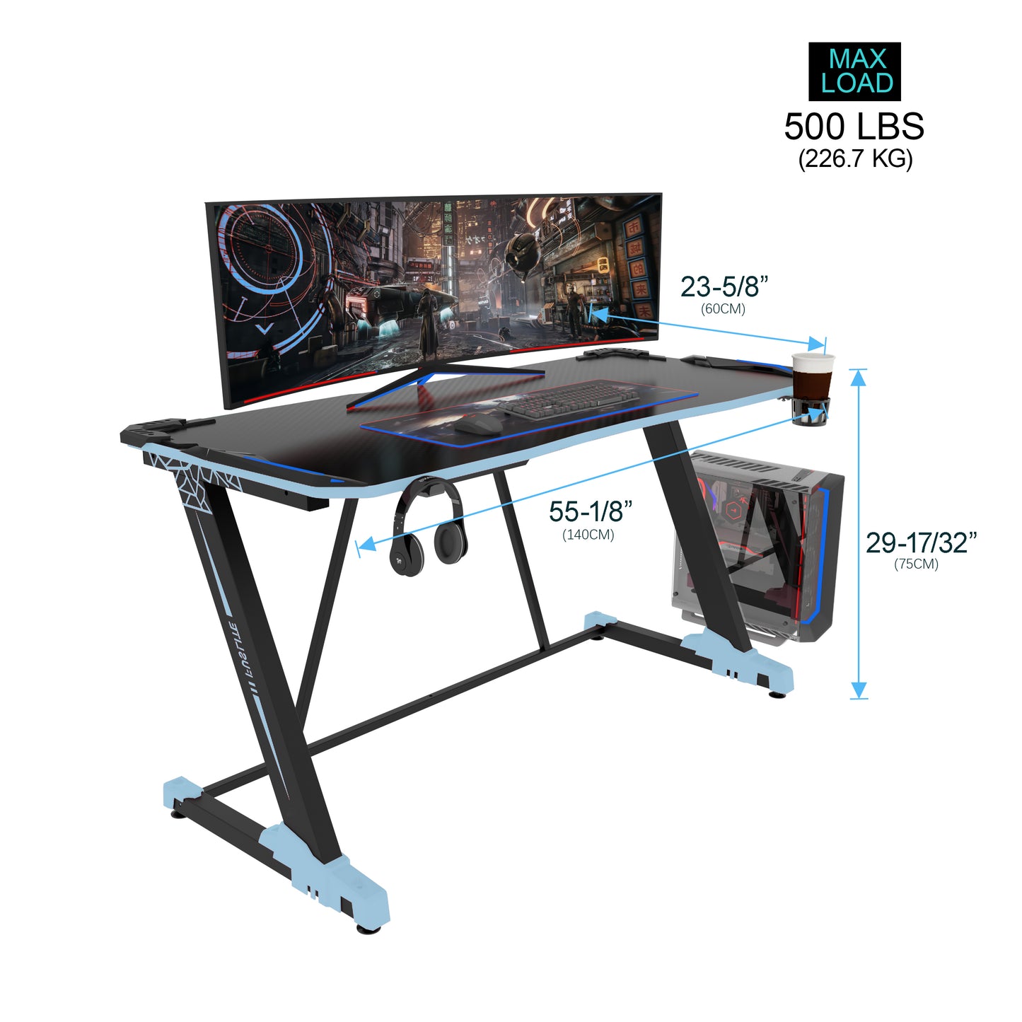 Desiree Gaming Desk 55 inch, Blue-Z Shape