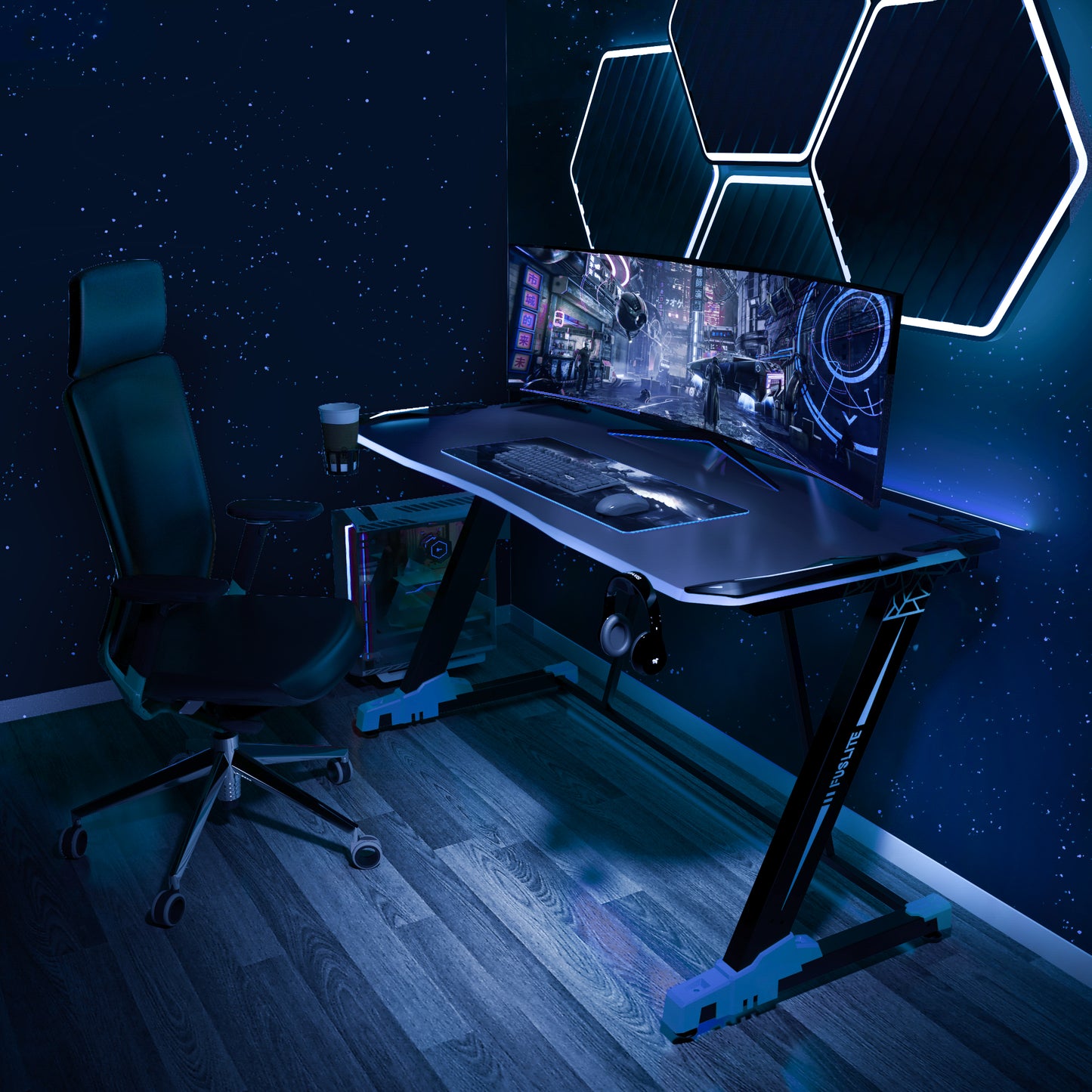 Desiree Gaming Desk 55 inch, Blue-Z Shape