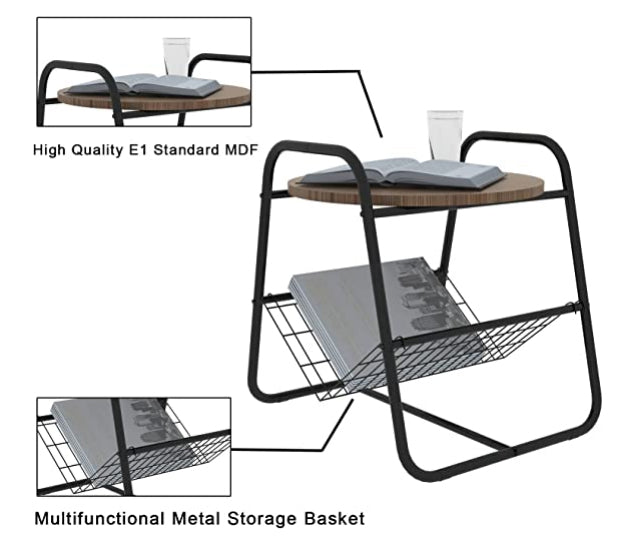 Side Table with Metal Storage Basket, Magazine Rack, Round Sofa End Tray