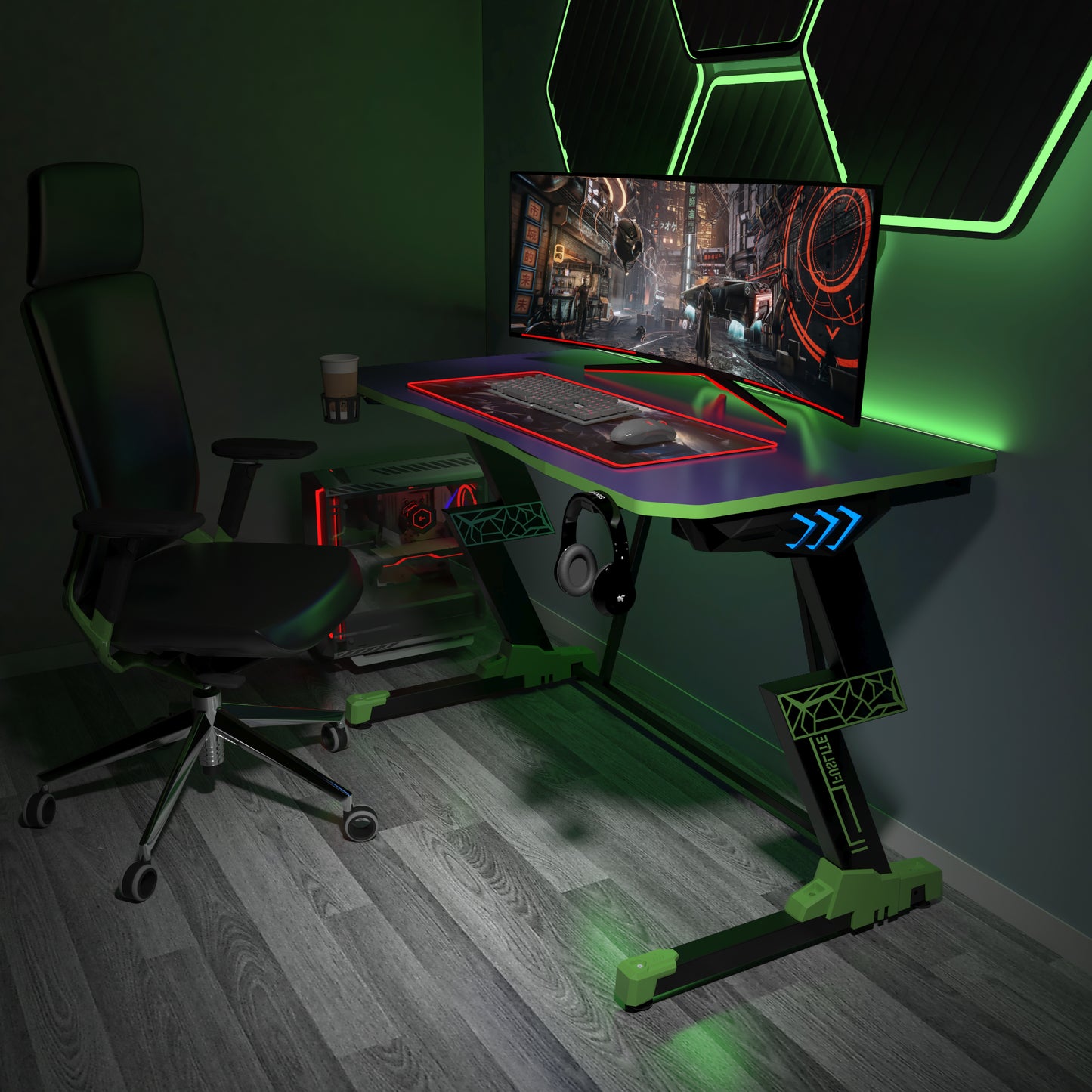 Desiree Gaming Desk 55 inch, Green-Z Shape